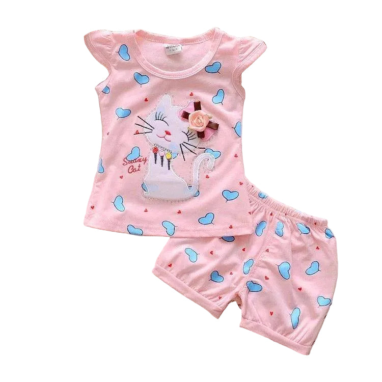 Newborn Girls Cat T Shirt Tops Short Sets Suit Clothes Pink