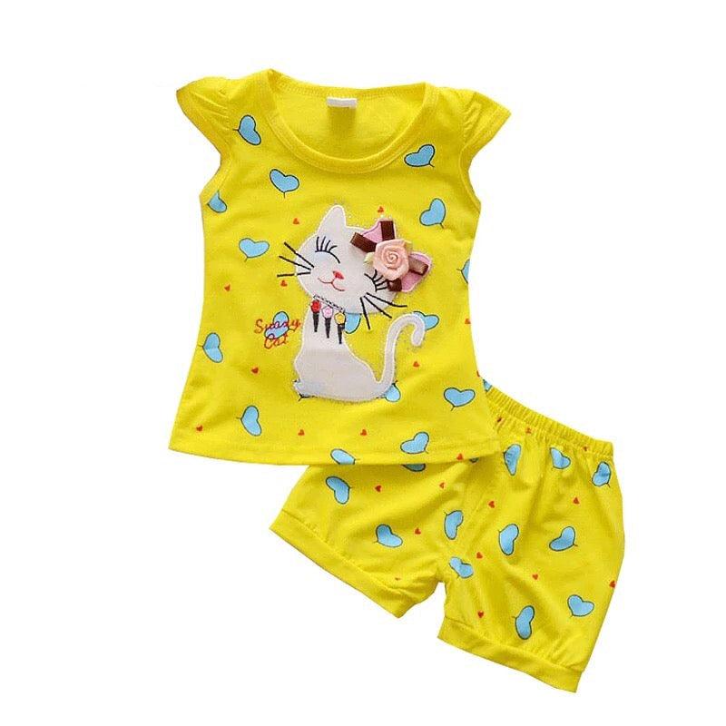 Newborn Girls Cat T Shirt Tops Short Sets Suit Clothes Yellow