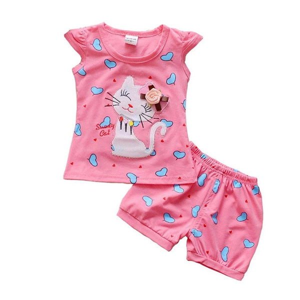 Newborn Girls Cat T Shirt Tops Short Sets Suit Clothes Red