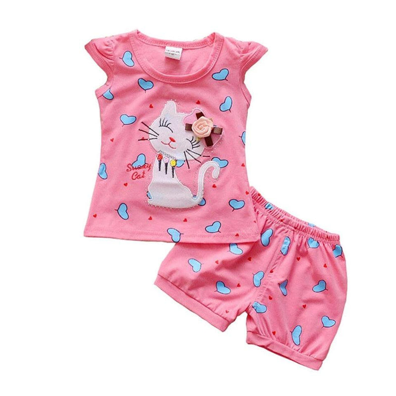 Newborn Girls Cat T Shirt Tops Short Sets Suit Clothes Red