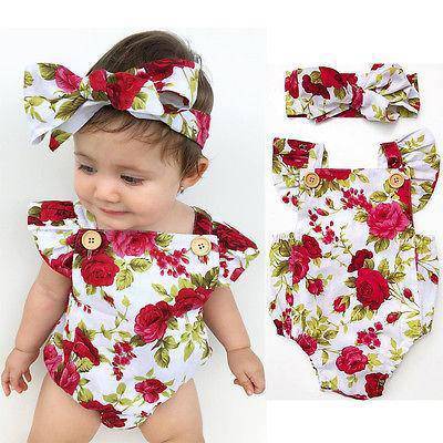 Newborn Girls Floral Summer Romper Jumpsuit Clothes Red