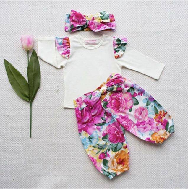 Newborn Girls Long Sleeve T Shirt Flower Pants Headband Pink