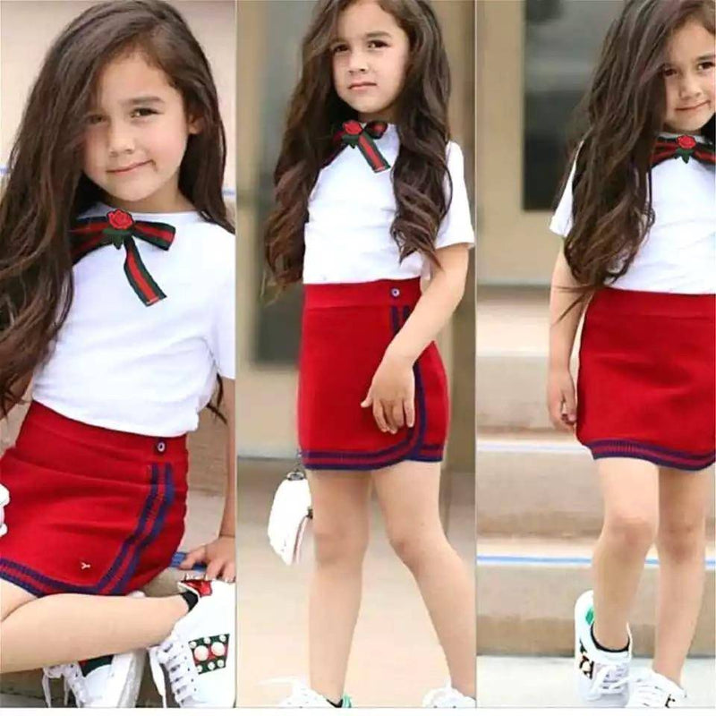 Newborn Kid Bow Tie Tops Mini Skirt Set Clothes Red White