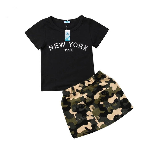 Newborn Kid Girls Top Print Army Green Skirt Clothes