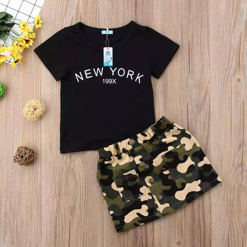 Newborn Kid Girls Top Print Army Green Skirt Clothes Black