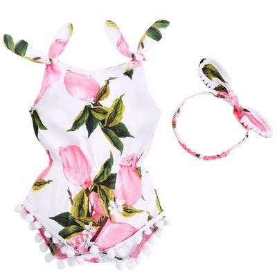 Set Of Elastic Waist Newborn Baby Suit Romper With Headband Pink Green