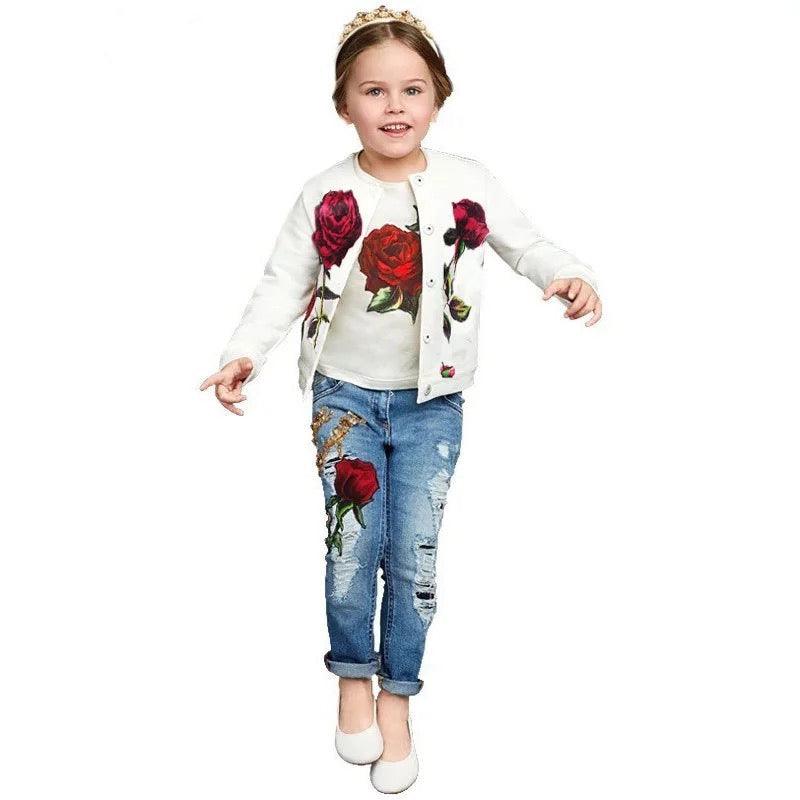 Newest Girls Rose Jacket Top Jeans Clothes White