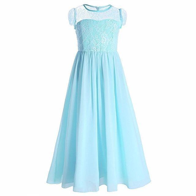 Princess European Short Sleeve Lace Flower Dress Sky Blue