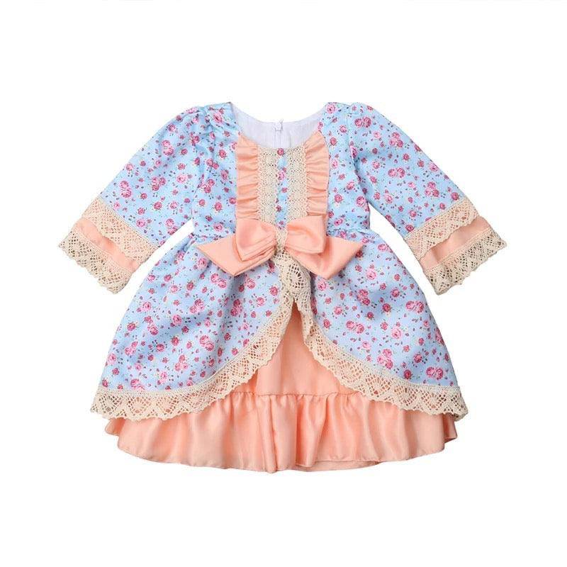 New Princess Floral Bowknot Ruffles Dress Blue