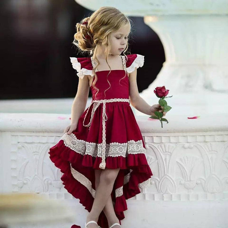 Princess Girls Backless Lace Pageant Dress Red