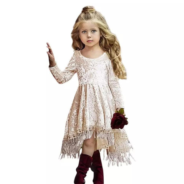 Princess Girls Solid Tassel Dress Gold