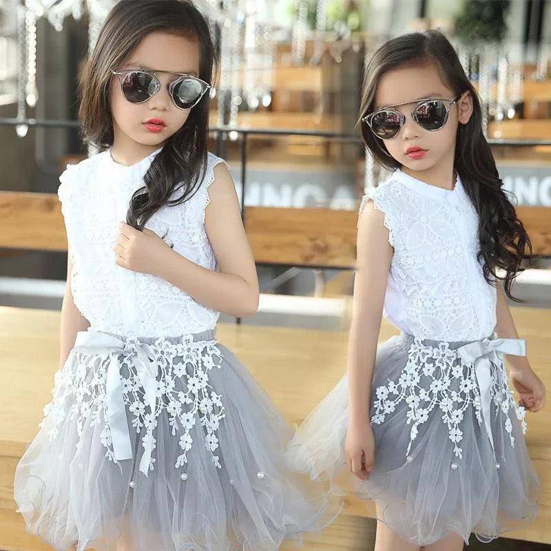 Princess Lace Sleeveless Tulle Ruffled Dress White