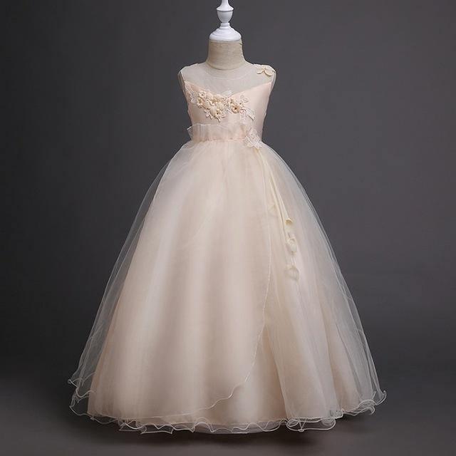 Princess Party Mesh Flower Pageant Dress Champagne
