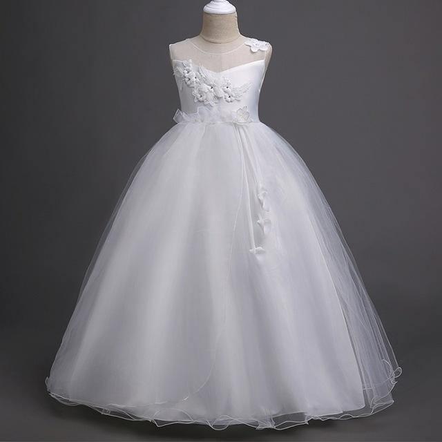 Princess Party Mesh Flower Pageant Dress White
