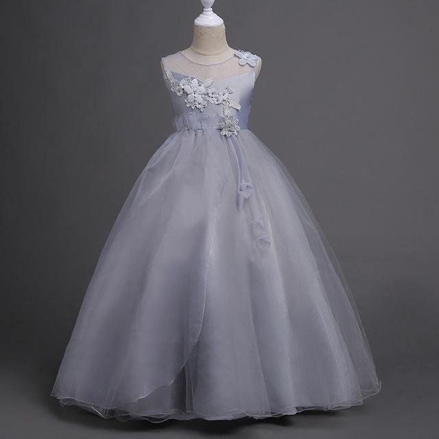 Princess Party Mesh Flower Pageant Dress Gray