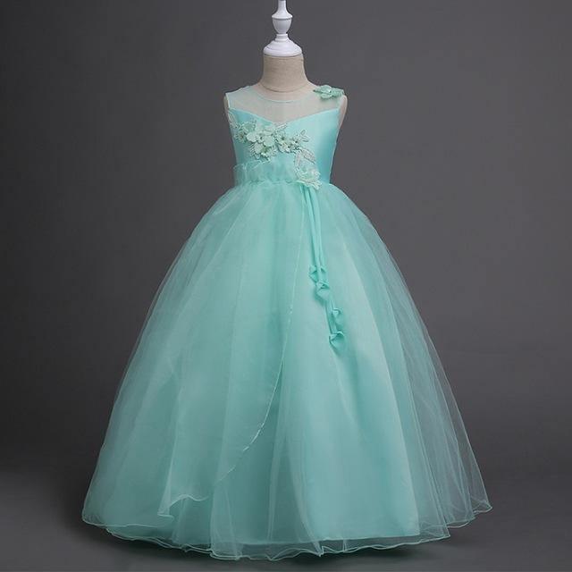Princess Party Mesh Flower Pageant Dress Green