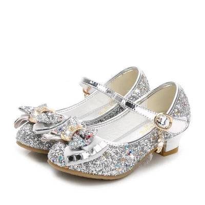 Princess Girls Beautiful Butterfly Flower Glitter High Heels Shoes Argent Sliver