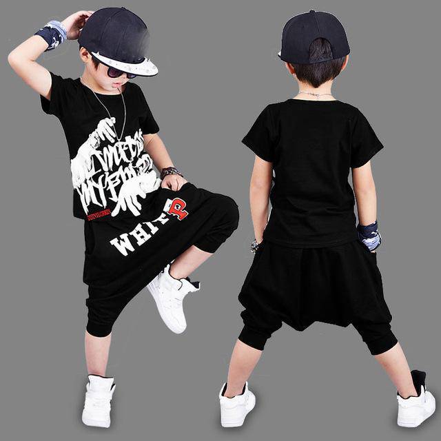 Printed Baby Boys T Shirt Hip Hop Pants black