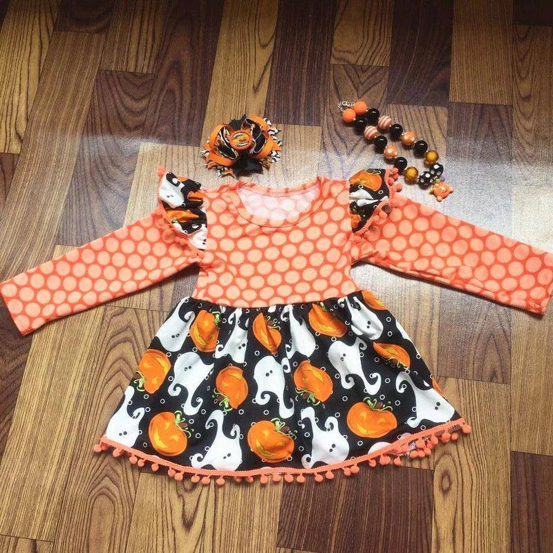 Sets Beautiful Halloween Bow Necklace Dress Orange long sleeve