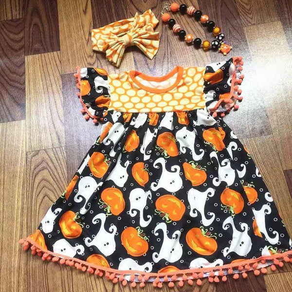 Sets Beautiful Halloween Bow Necklace Dress Orange short sleeve