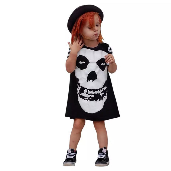 Short Sleeve Girls Halloween Skull Costume Party Black