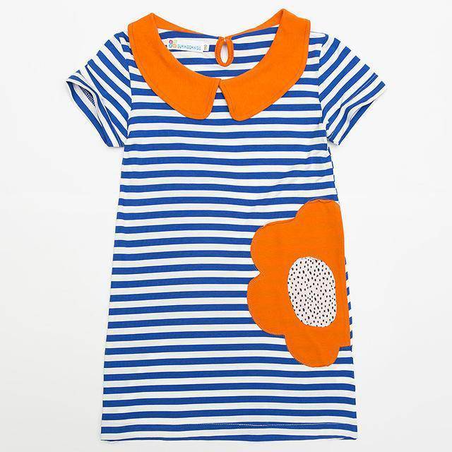 Short Sleeve Striped Rabbit Sunflower Embroidered Dress Beige
