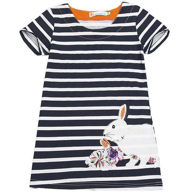 Short Sleeve Striped Rabbit Sunflower Embroidered Dress Gold