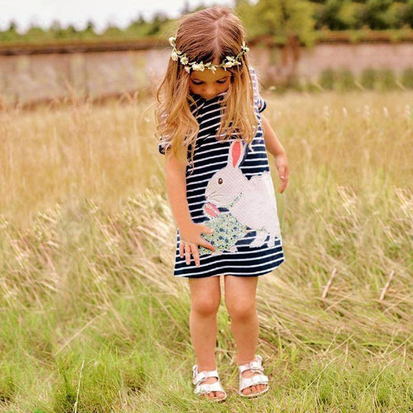 Short Sleeve Striped Rabbit Sunflower Embroidered Dress