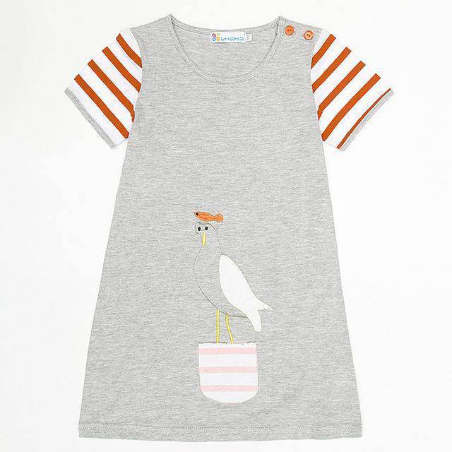 Short Sleeve Striped Rabbit Sunflower Embroidered Dress Army Green