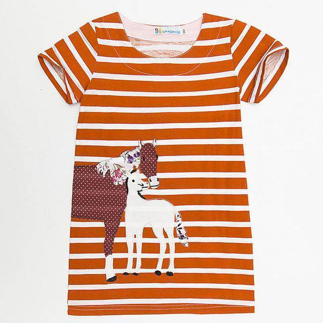 Short Sleeve Striped Rabbit Sunflower Embroidered Dress Dark Grey