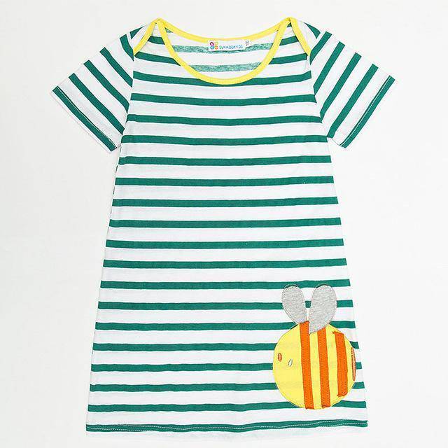 Short Sleeve Striped Rabbit Sunflower Embroidered Dress Ivory