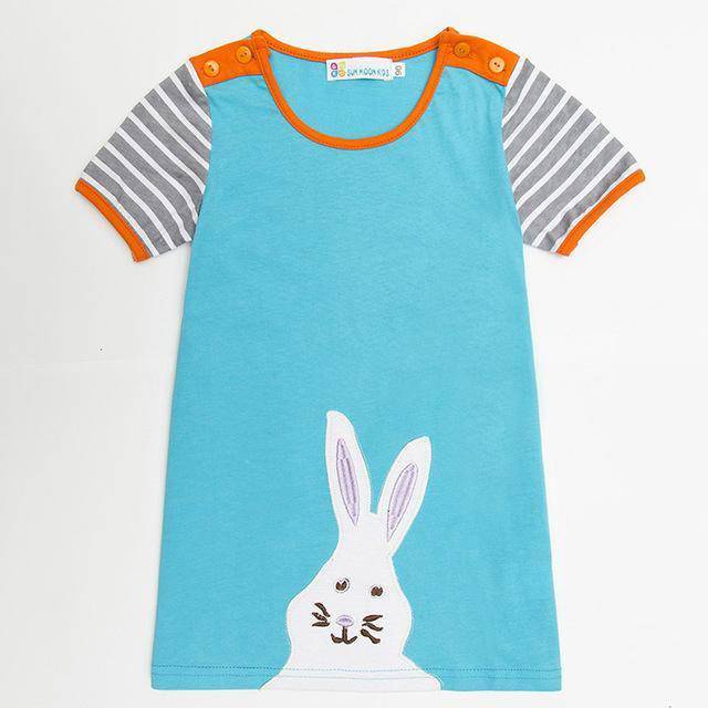 Short Sleeve Striped Rabbit Sunflower Embroidered Dress Gray