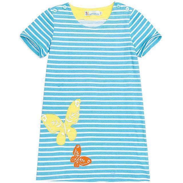 Short Sleeve Striped Rabbit Sunflower Embroidered Dress Blue