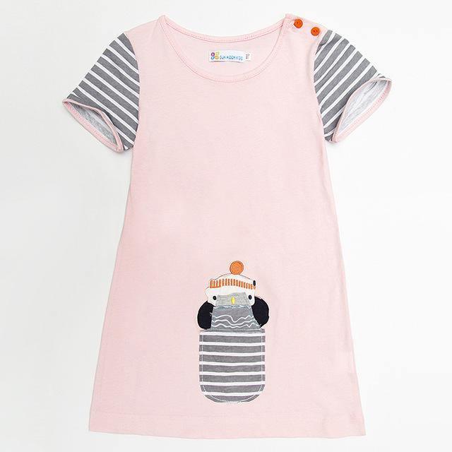 Short Sleeve Striped Rabbit Sunflower Embroidered Dress Green