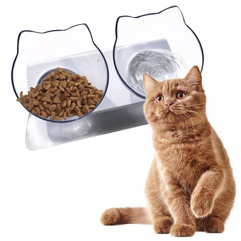 Single & Double Bowl Cat With Raised Stand Pet Food Double transparent