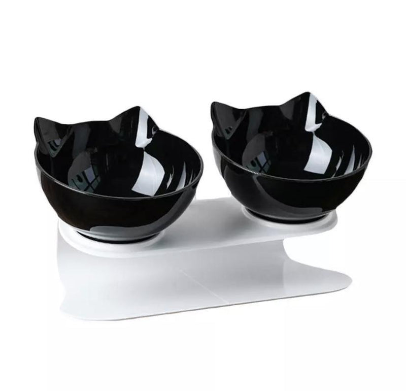 Single & Double Bowl Cat With Raised Stand Pet Food Double Black