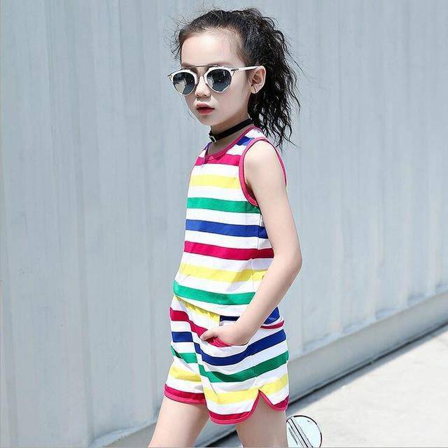 Sleeveless Striped Vests & Shorts Summer Kids girls Outfits White