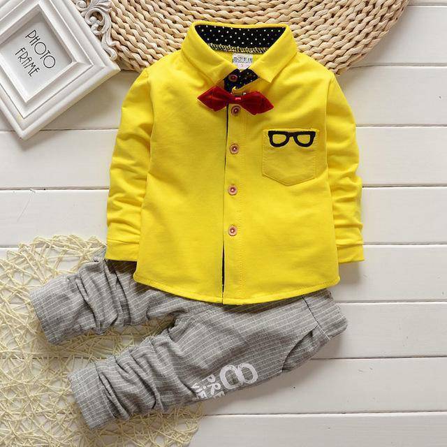 Spring kids boys button letter bow suit jacket +pants clothes Yellow