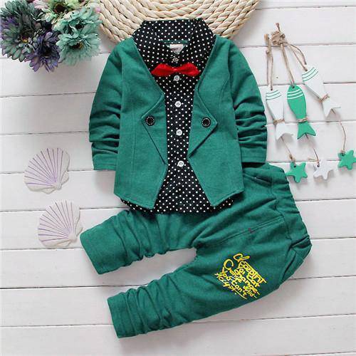 Spring kids boys button letter bow suit jacket +pants clothes Green
