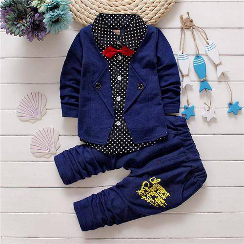 Spring kids boys button letter bow suit jacket +pants clothes Blue