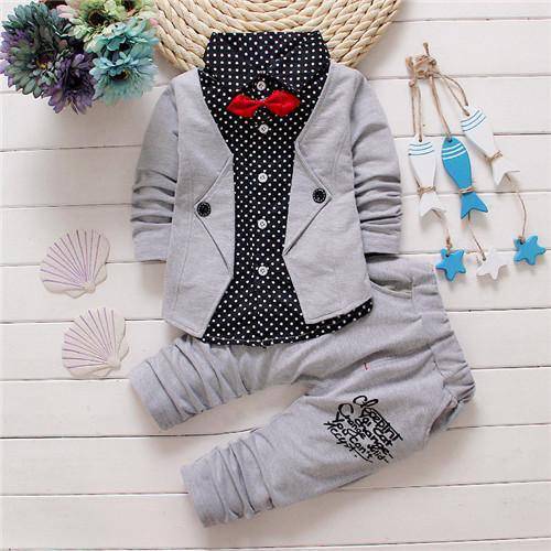 Spring kids boys button letter bow suit jacket +pants clothes grey