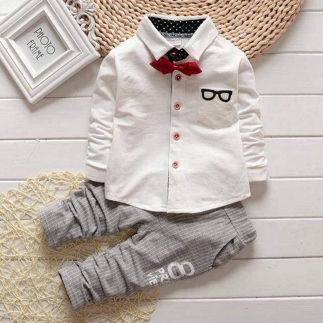 Spring kids boys button letter bow suit jacket +pants clothes white