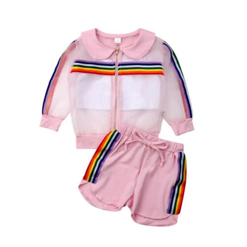 Summer Striped Girls Colorful Mesh Coat Outfit Pink