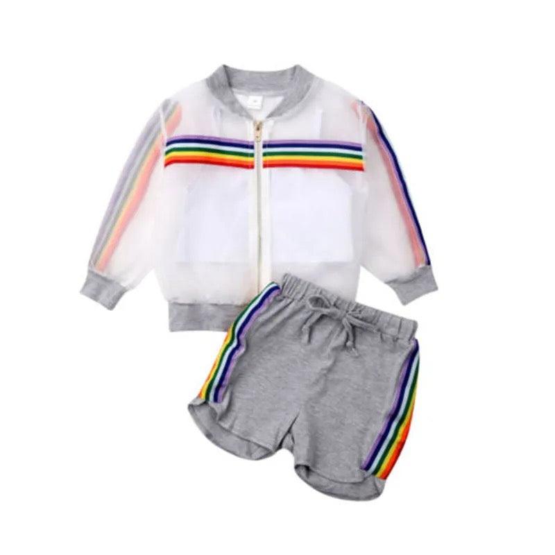 Summer Striped Girls Colorful Mesh Coat Outfit Gray