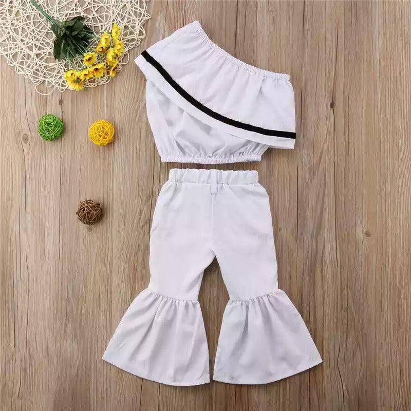 Stylish Girls One Shoulder Bell Bottom Pants Clothes White