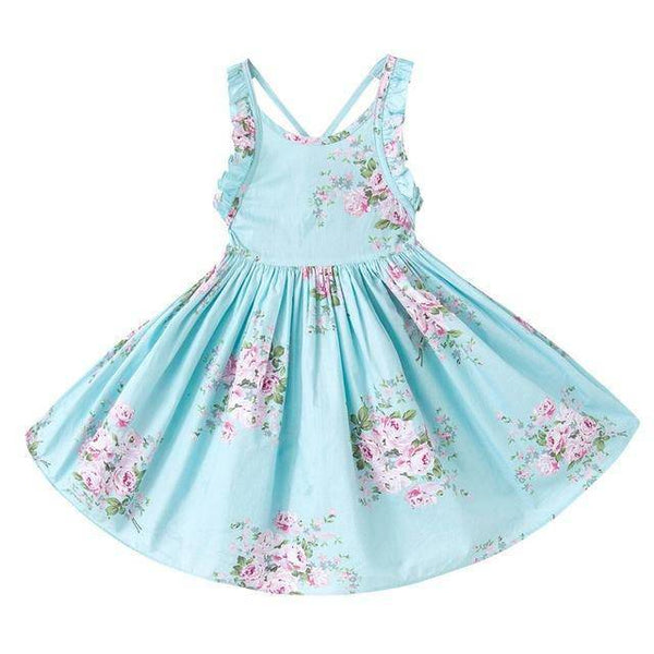 Summer Baby Girls Backless Vintage Floral Party Dress Blue