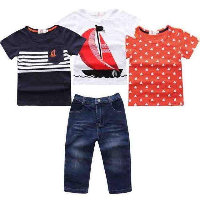 Summer Boys Short Sleeve Denim Pants Clothing Red White