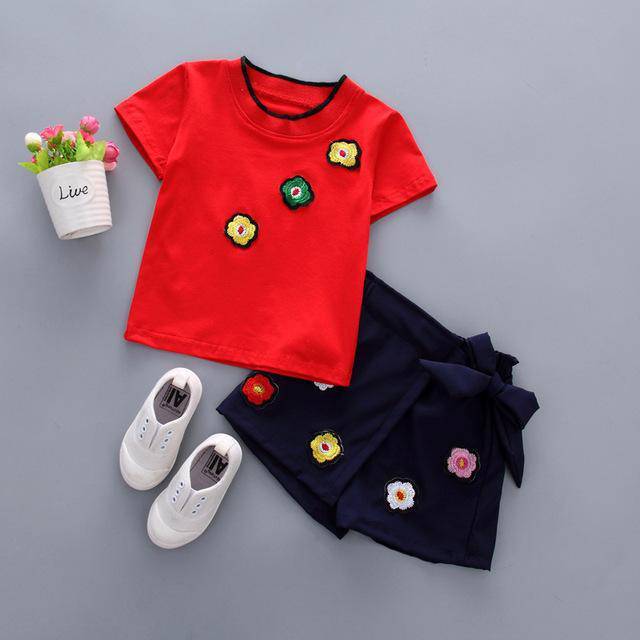 Summer Girls Flower Tops Shorts Tracksuit Clothes red