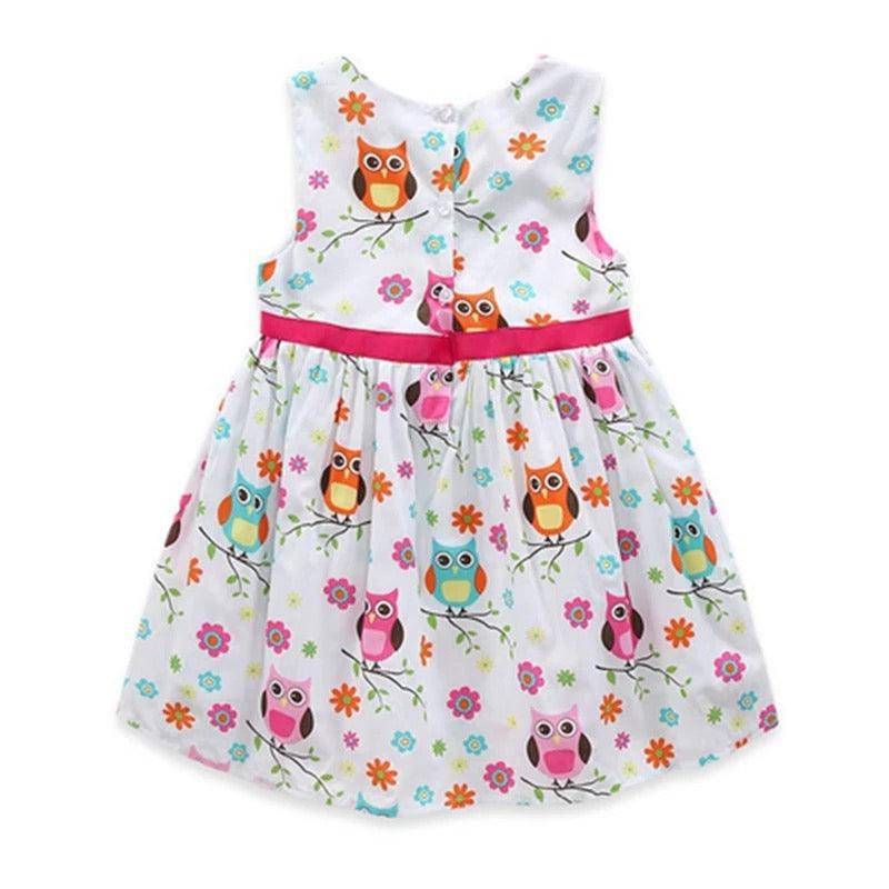 Summer Girls Owl Round Neck Cotton Dress White