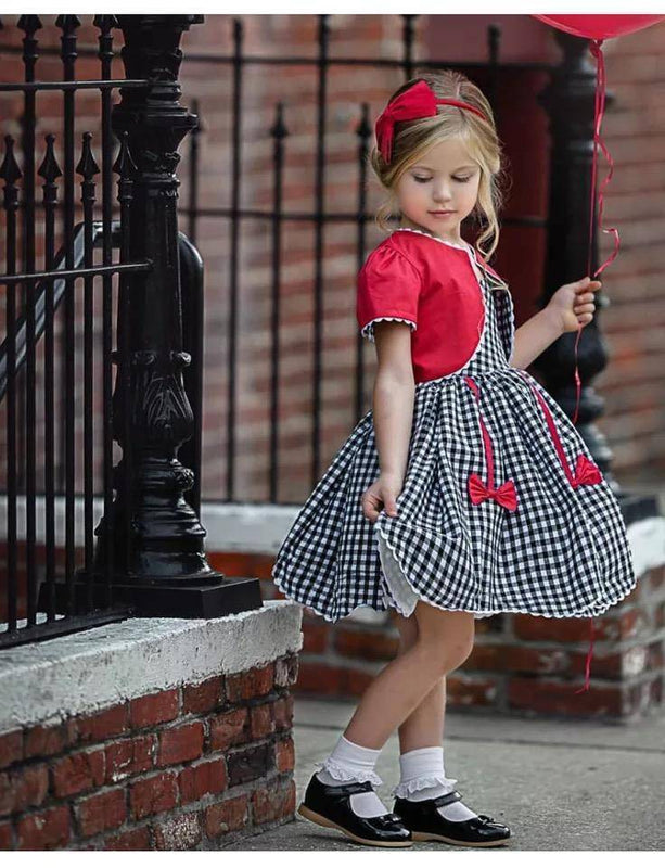 Summer Girls Plaid Bow Lace Sling Sleeve Party Dress